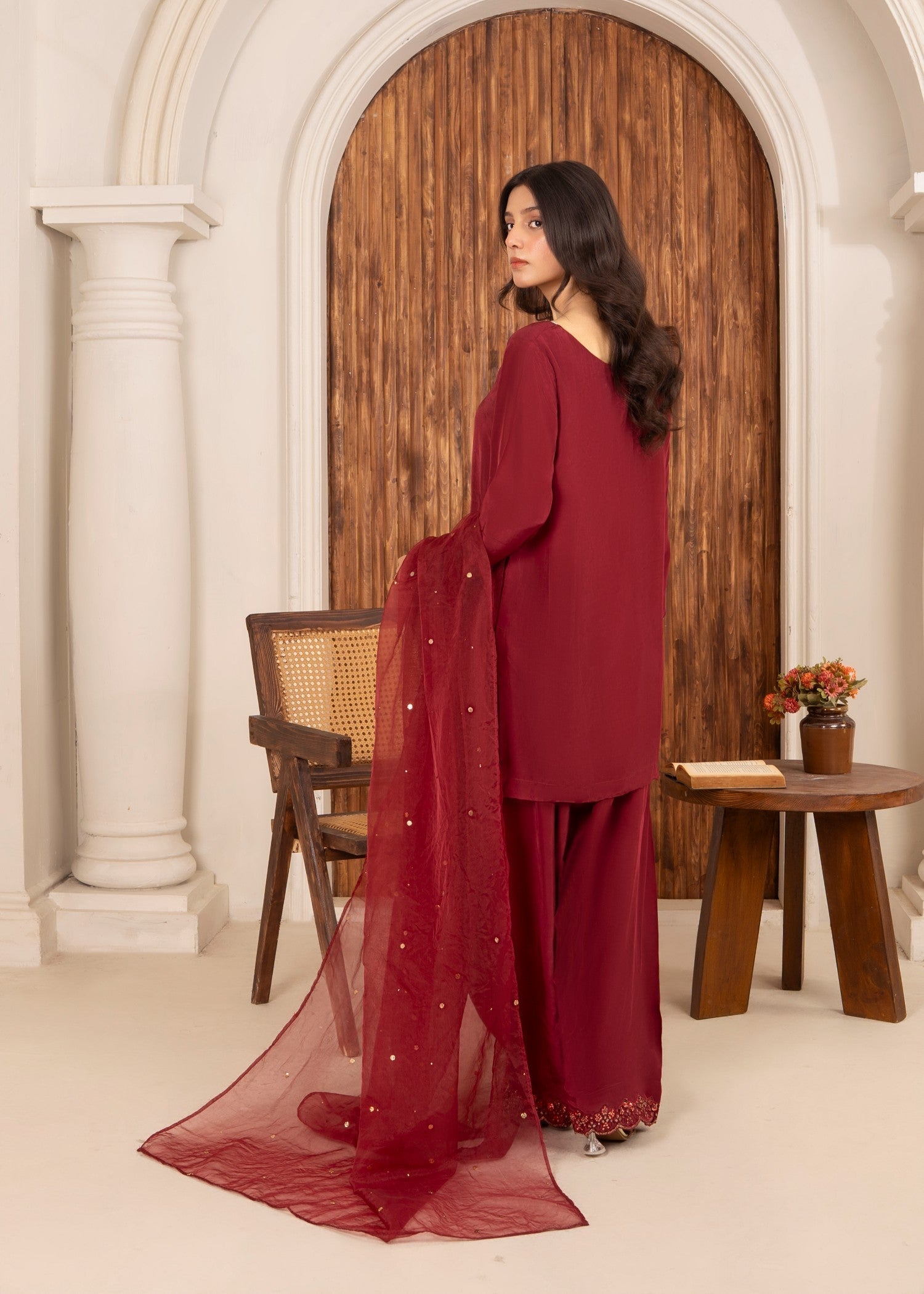 Ray Online Store Maroon Mukesh Sequin Farshi Shalwar Set Women 3pcs