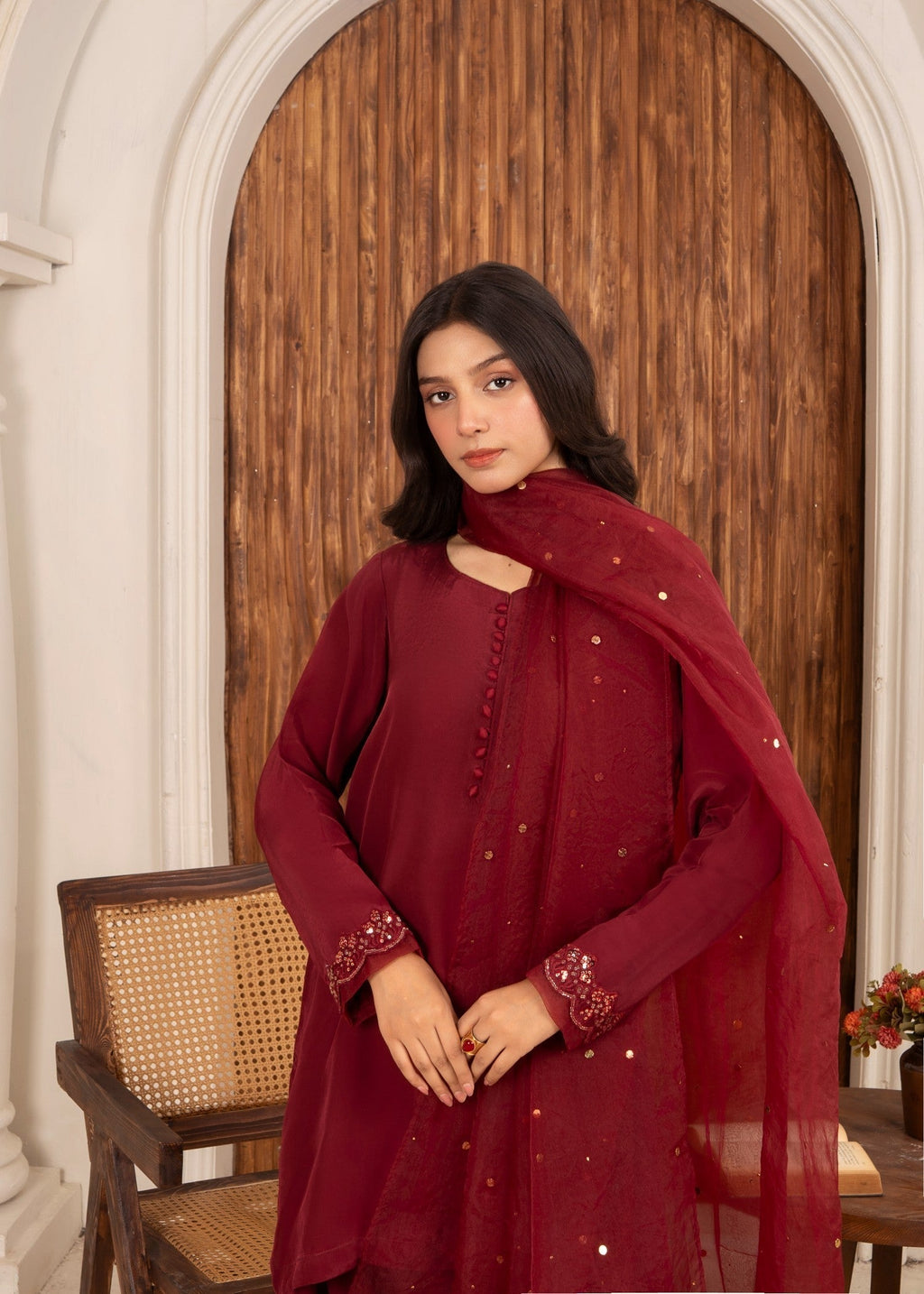 Ray Online Store Maroon Mukesh Sequin Farshi Shalwar Set Women 3pcs