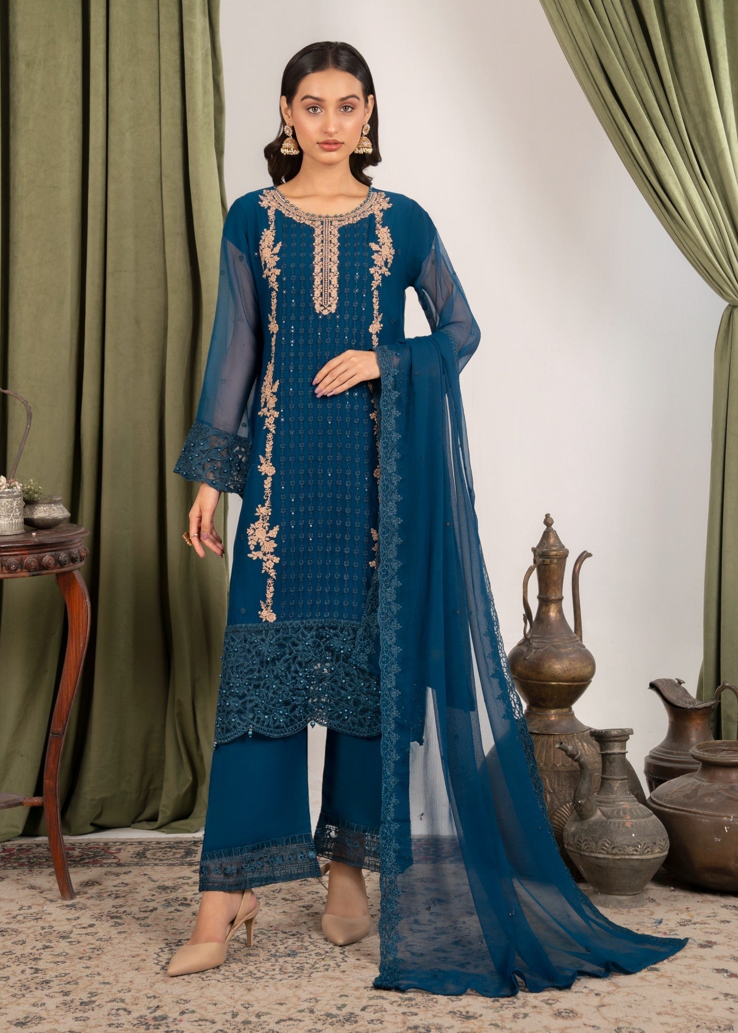 Four Season Boutique NOOR MEHAL TEAL BLUE Women 3pcs