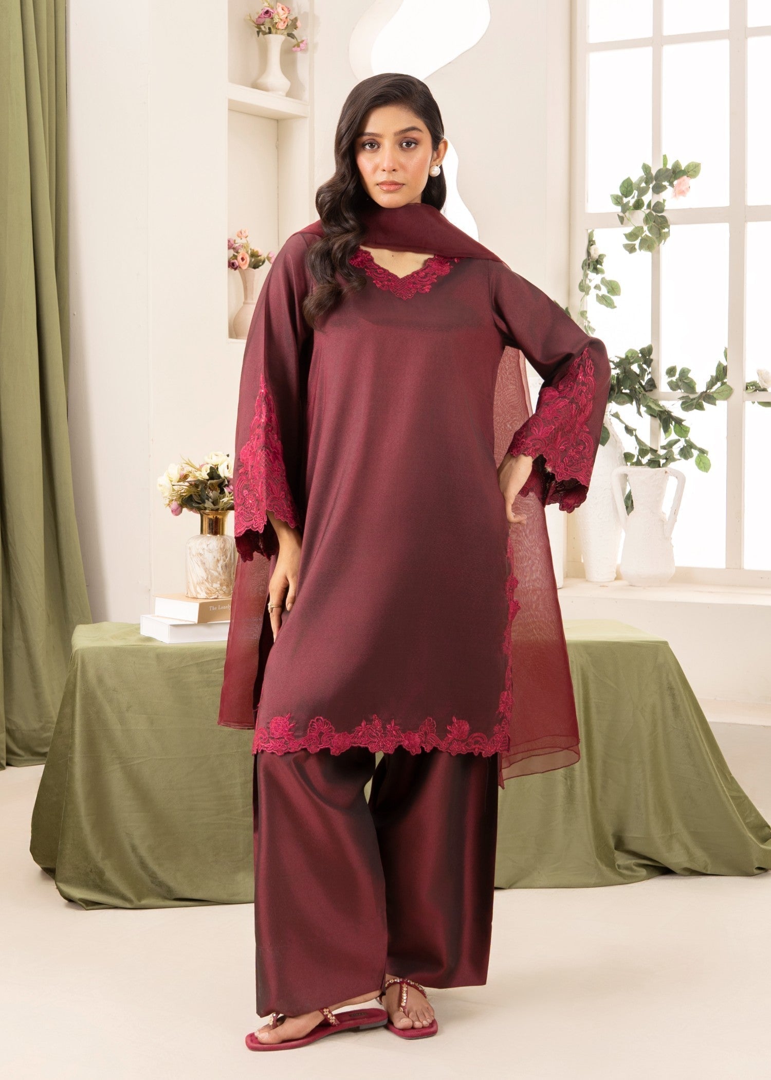 Naaz Couture Raw Silk Farshi Set Dark Maroon Women 3pcs
