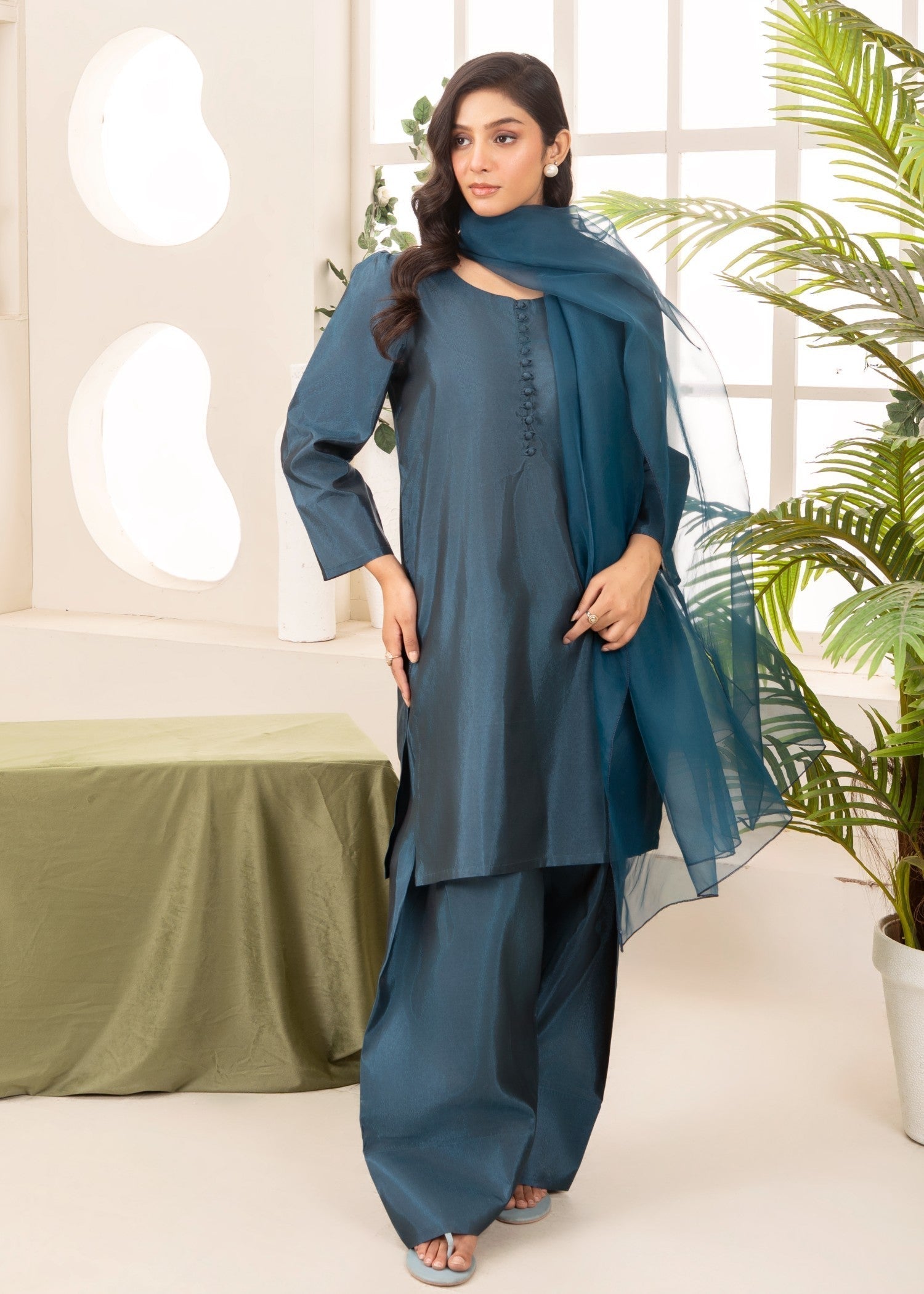Naaz Couture Raw Silk Farshi Set Dark Teal Women 3pcs
