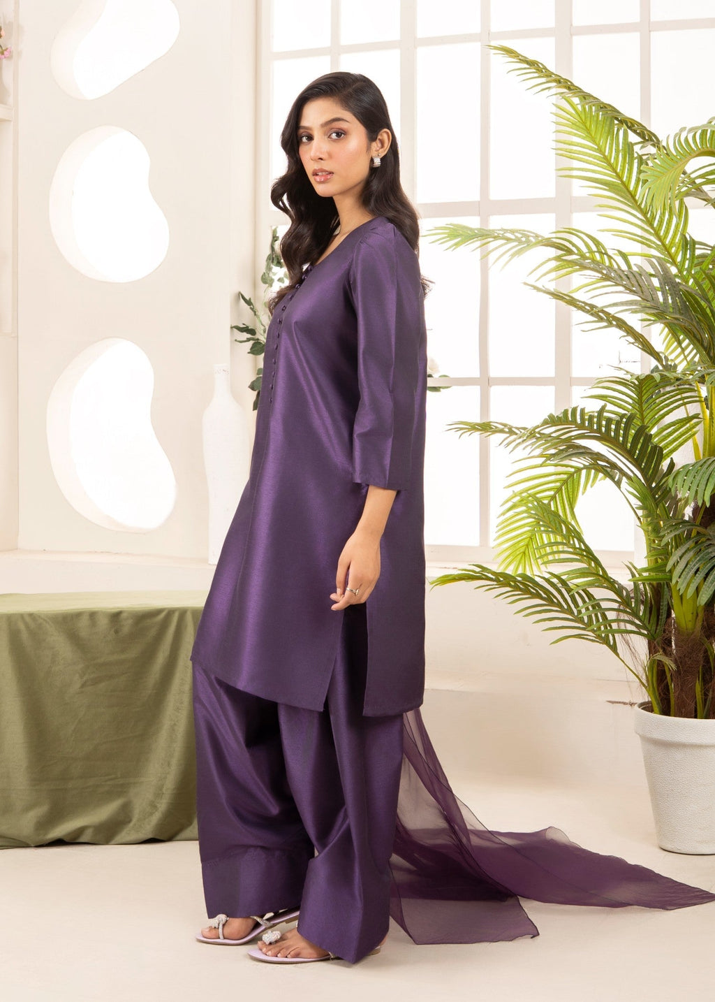 Naaz Couture Raw Silk Farshi Set Indigo Purple Women 3pcs