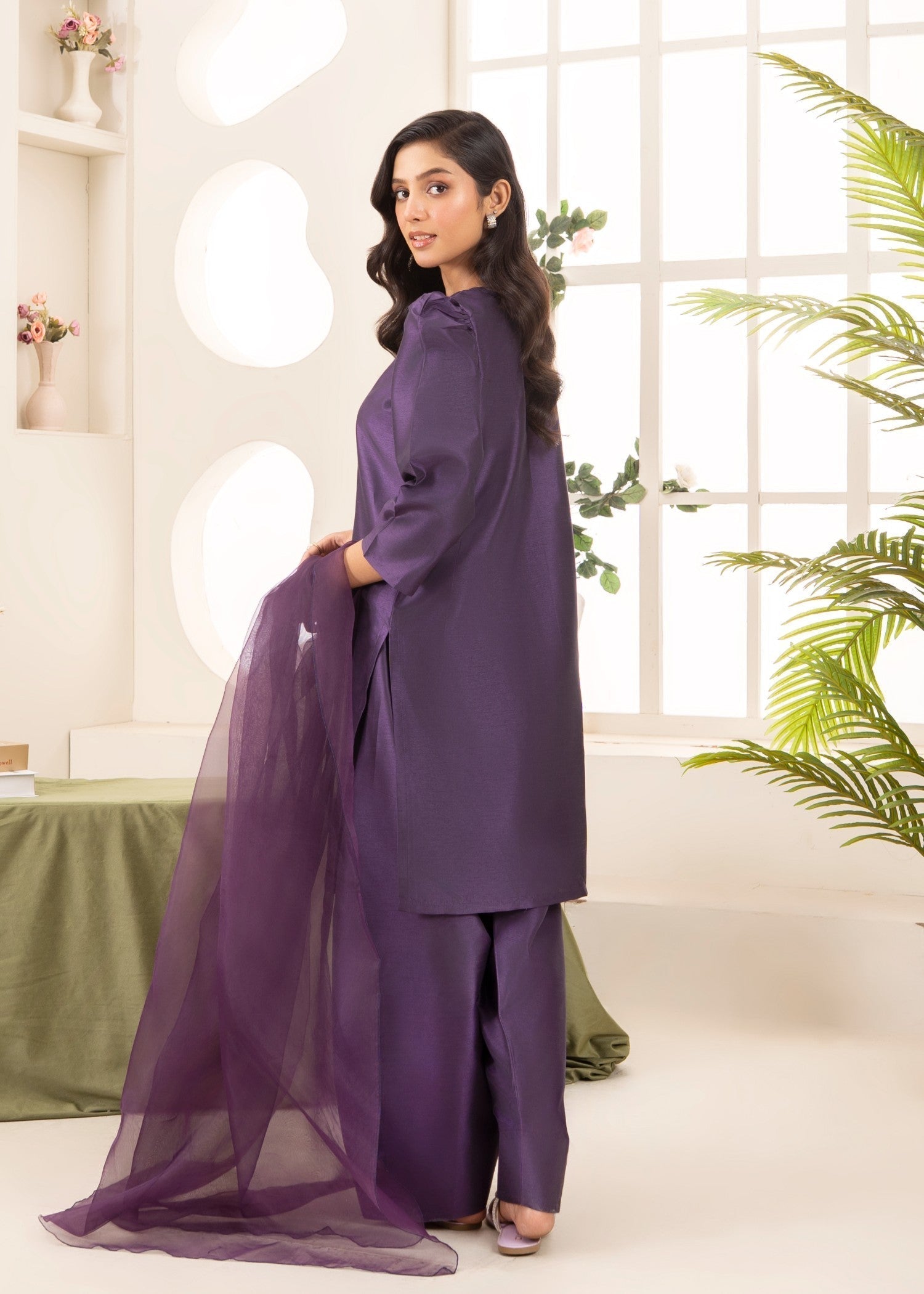 Naaz Couture Raw Silk Farshi Set Indigo Purple Women 3pcs