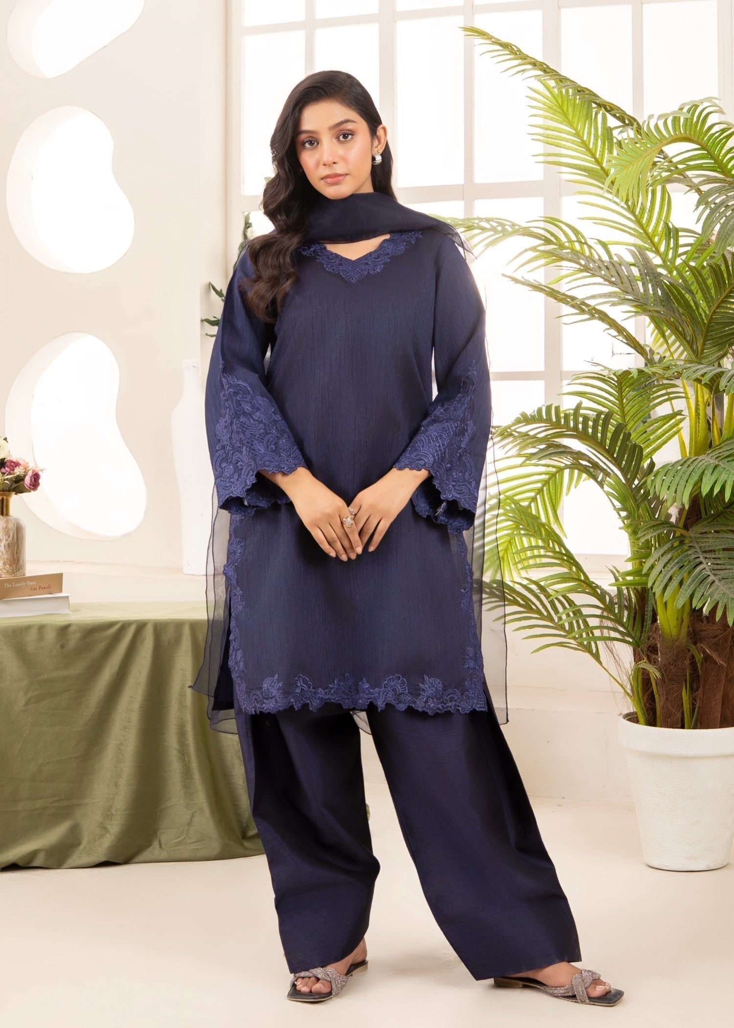 Naaz Couture Raw Silk Farshi Set Navy Blue Women 3pcs