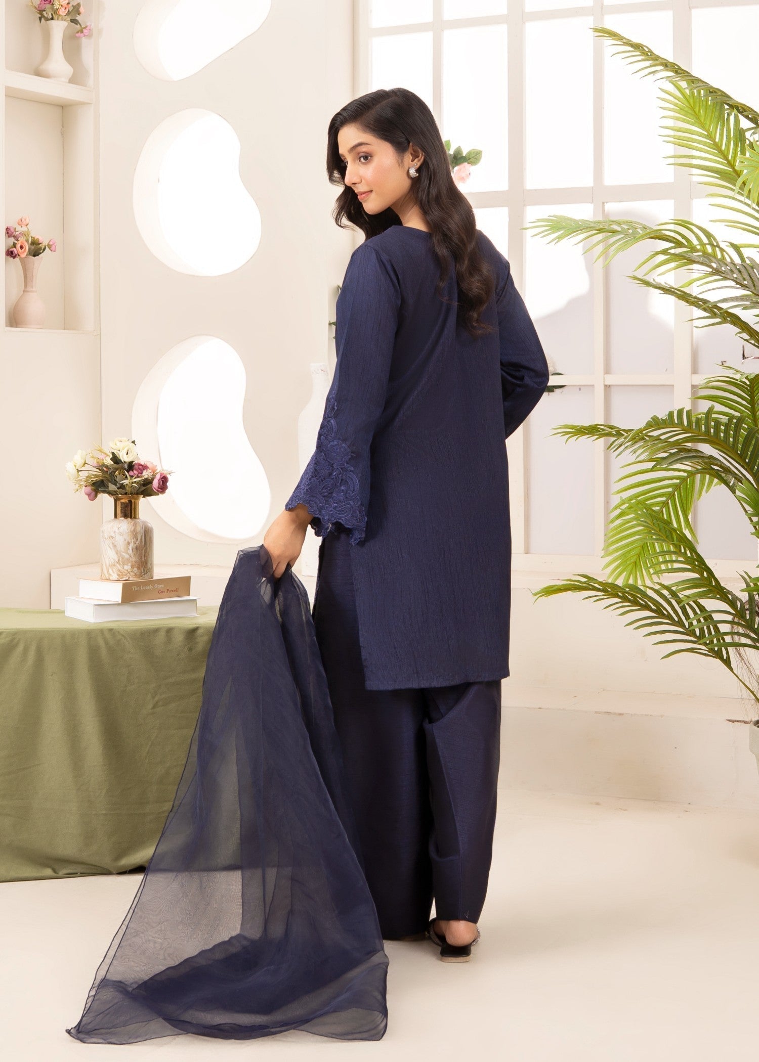Naaz Couture Raw Silk Farshi Set Navy Blue Women 3pcs