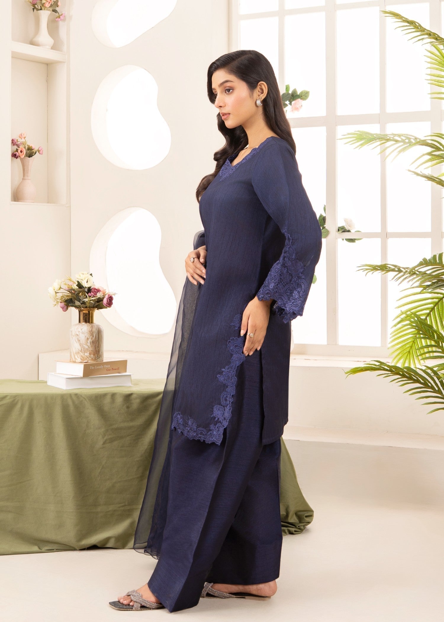 Naaz Couture Raw Silk Farshi Set Navy Blue Women 3pcs