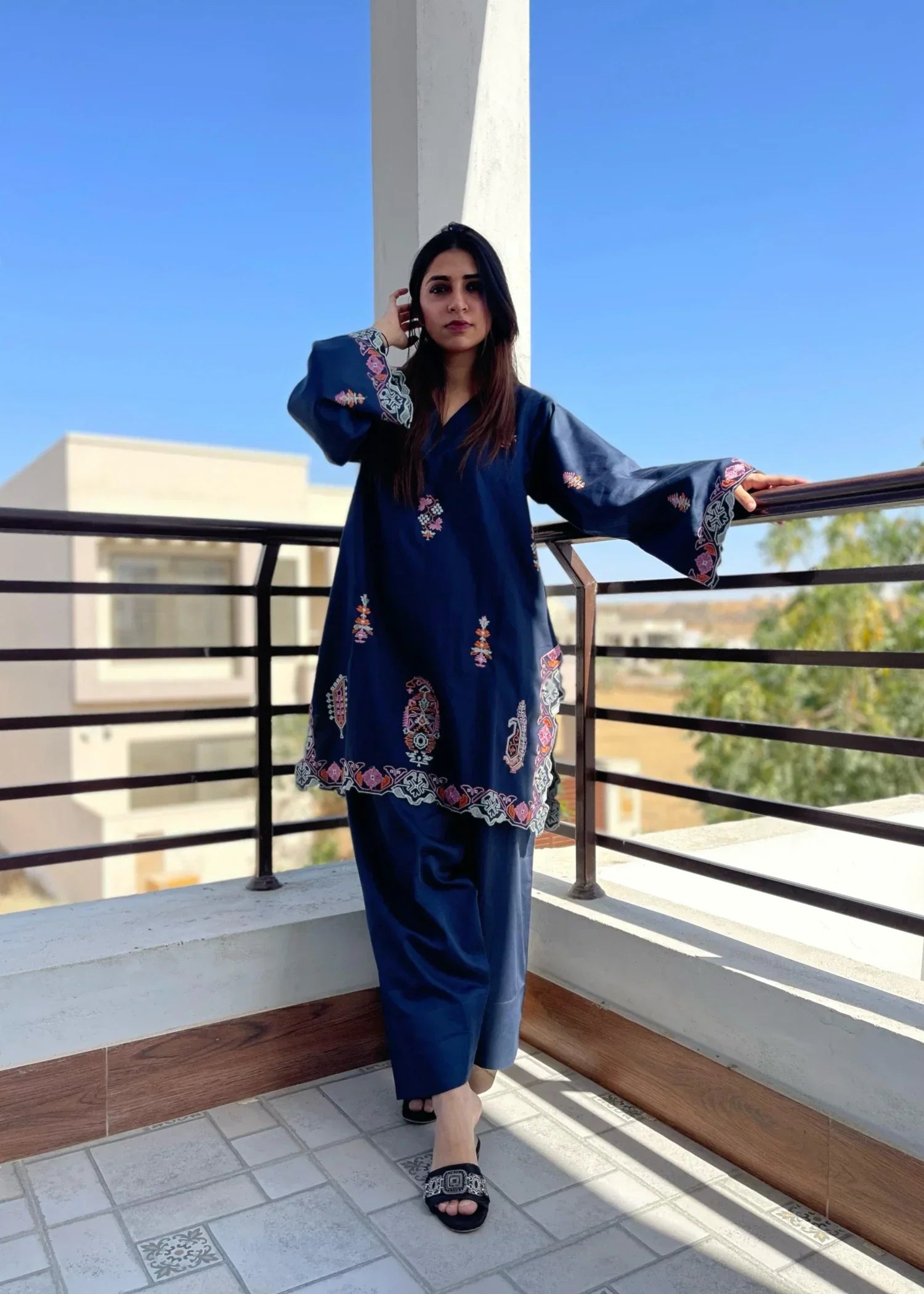 Urban Cut Cotton Satin Embroidered Co Ord Set with Farshi Shalwar Women 2pcs