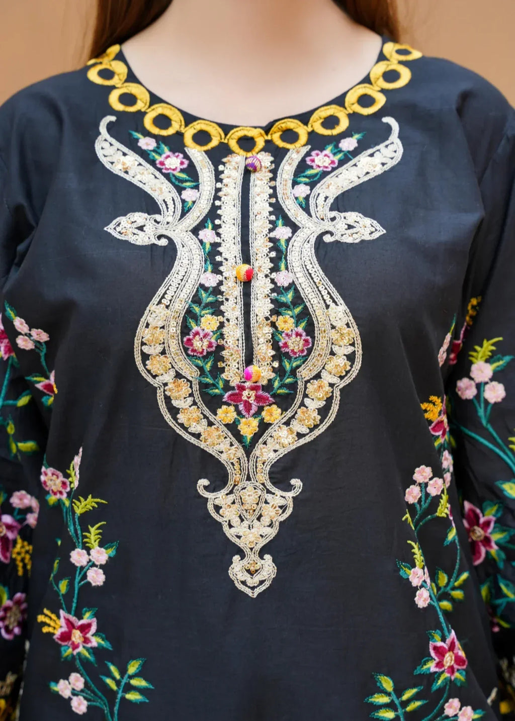 Zamnah Black Floral Embroidered Cotton Kurta Set Women 2pcs