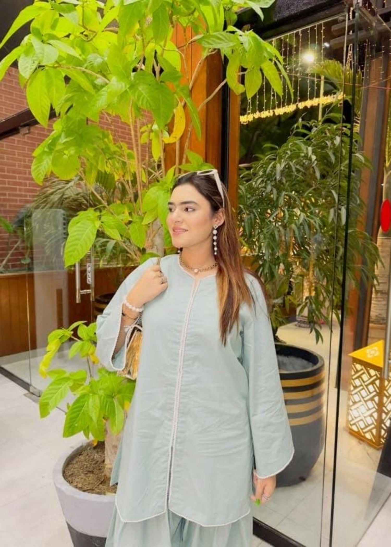 Urban Cut Cotton Embellished Co Ord Set with Farshi Shalwar ICE BLUE Women 2pcs