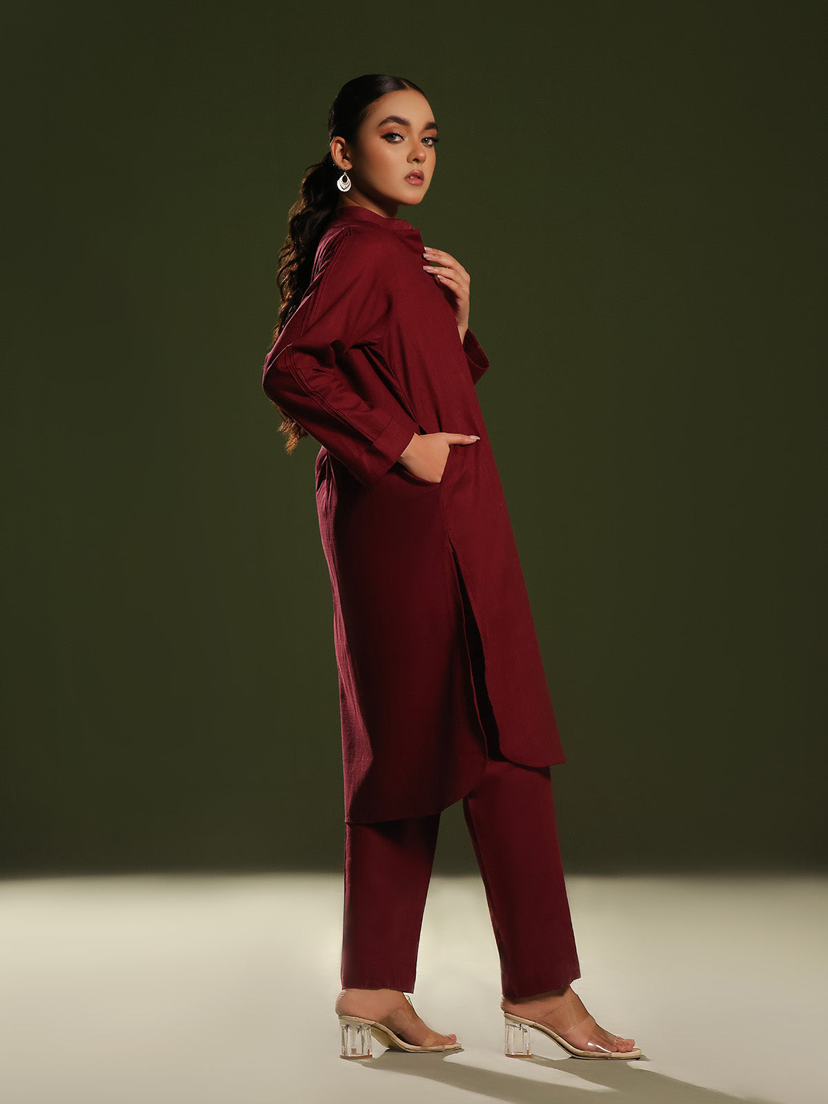 Oaks By Star Textile Mills Solid Pret Shirt Trouser Khaddar Maroon OW2P 2408032 Women 2pcs