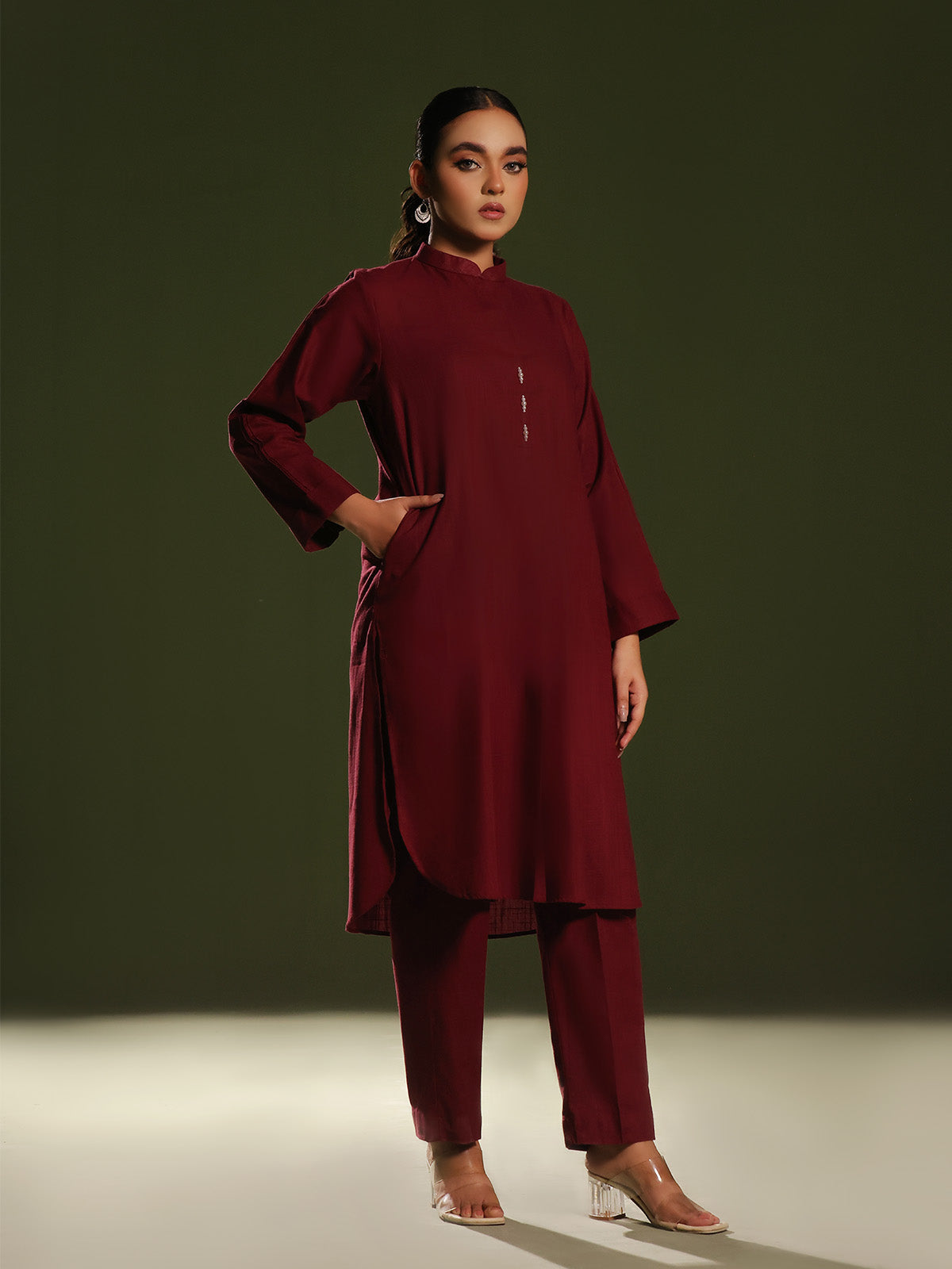 Oaks By Star Textile Mills Solid Pret Shirt Trouser Khaddar Maroon OW2P 2408032 Women 2pcs