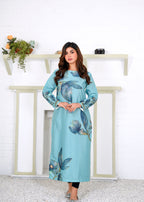 Athena Apparels Jada: Pacific Blue Color Long Shirt With A Touch Of Flower 387 Women 1pcs