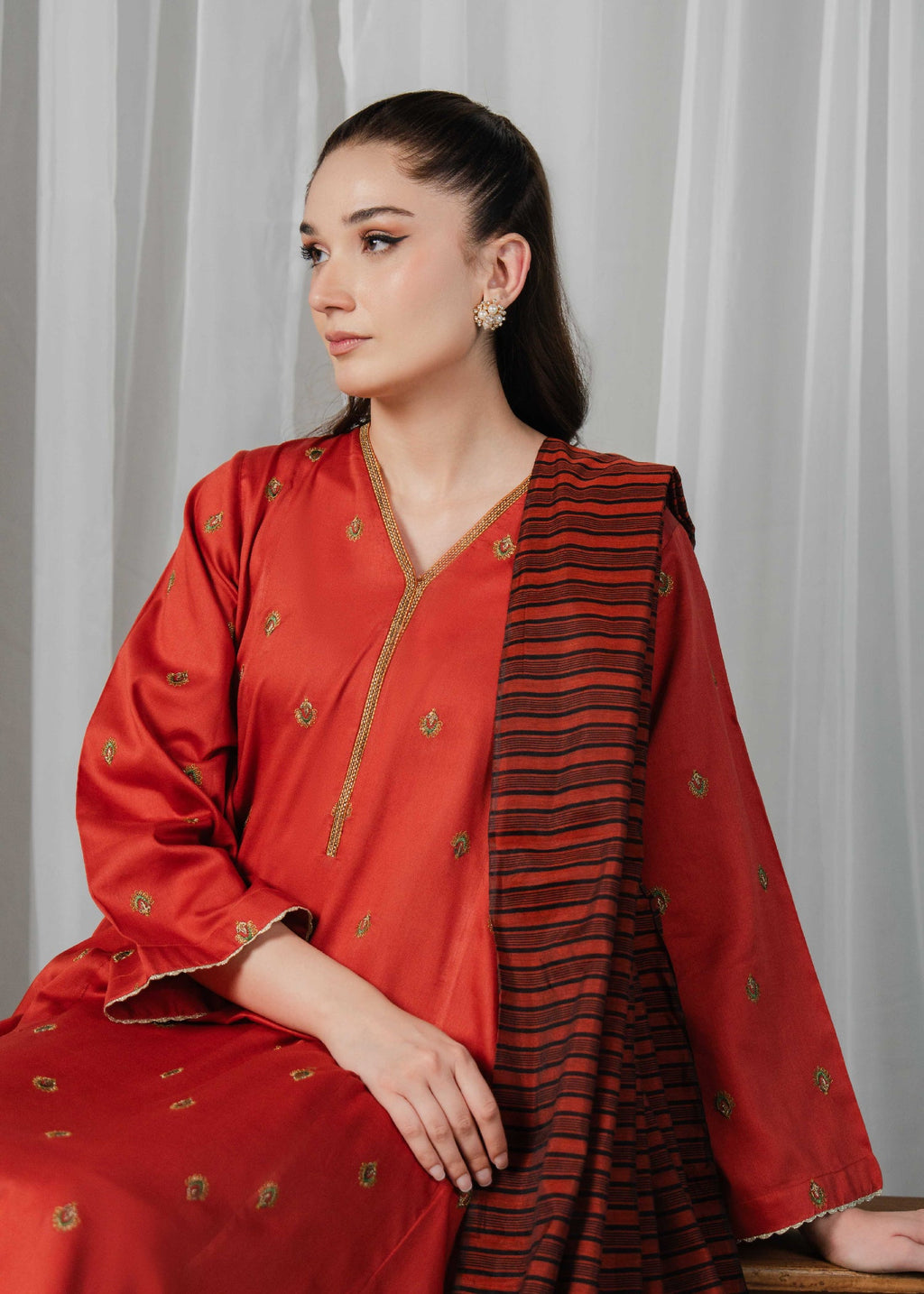 Buzzazi Rust Embroidered Suit Women 3pcs