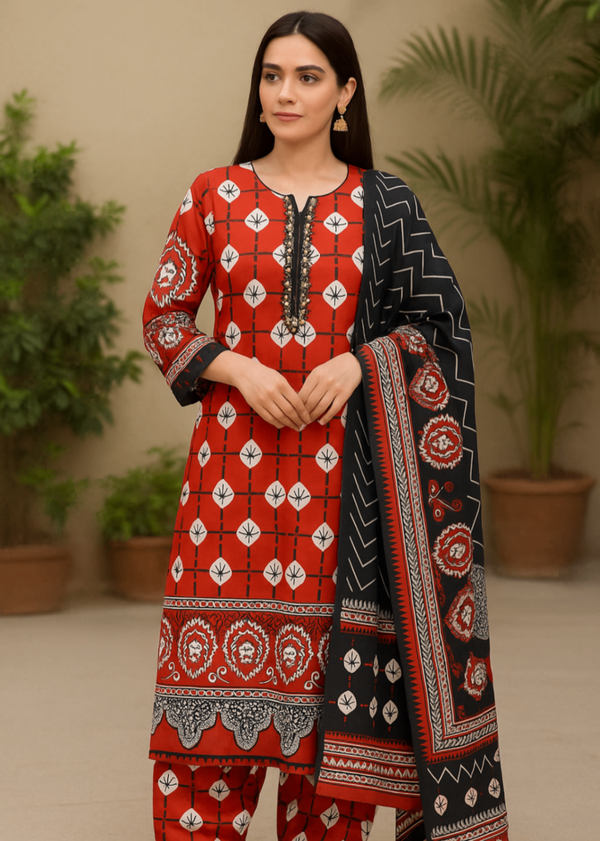 Sutar Premium Lawn Printed Dress Stitched | Orange Women 3pcs