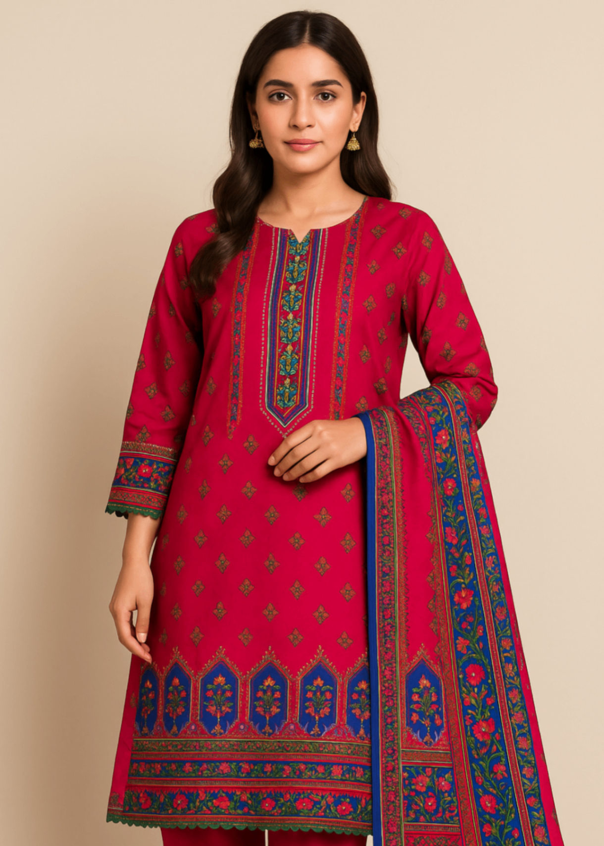 Sutar Premium Lawn Printed Dress Stitched| Hot Pink Women 3pcs