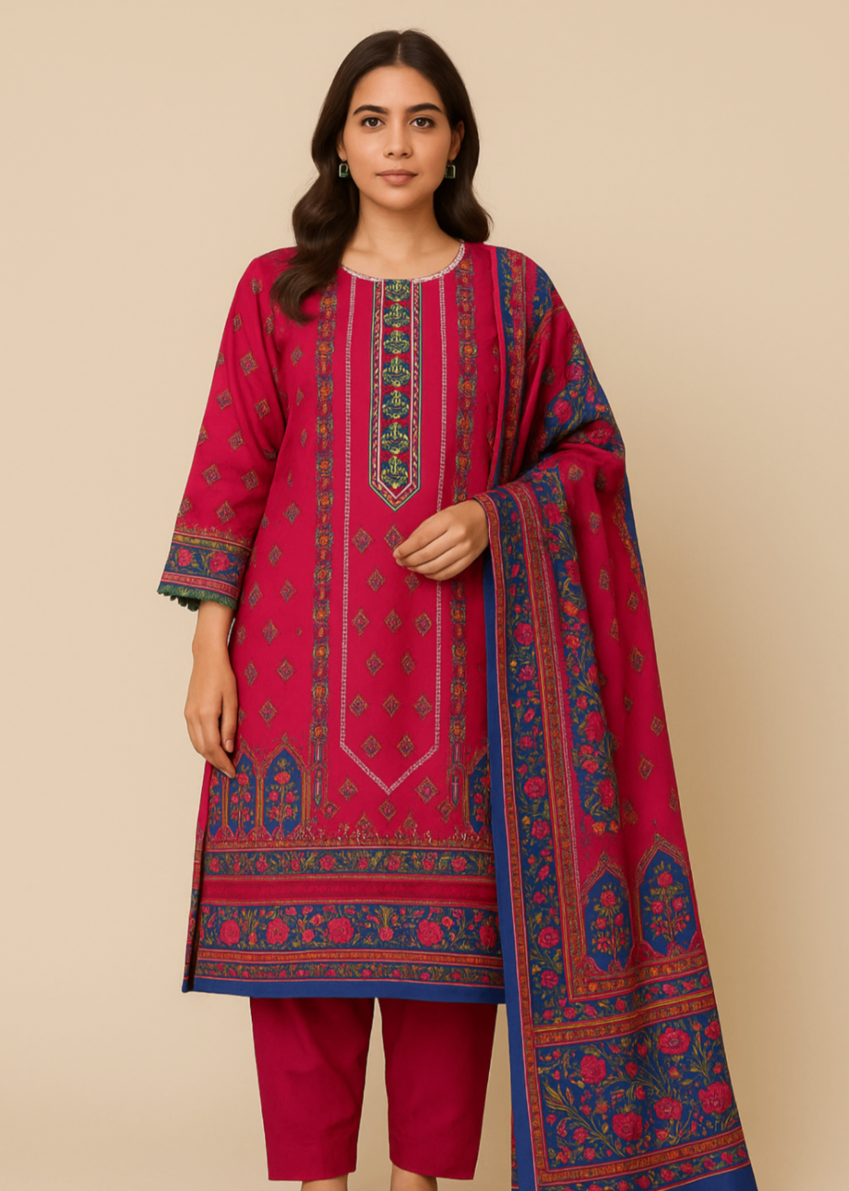 Sutar Premium Lawn Printed Dress Stitched| Hot Pink Women 3pcs