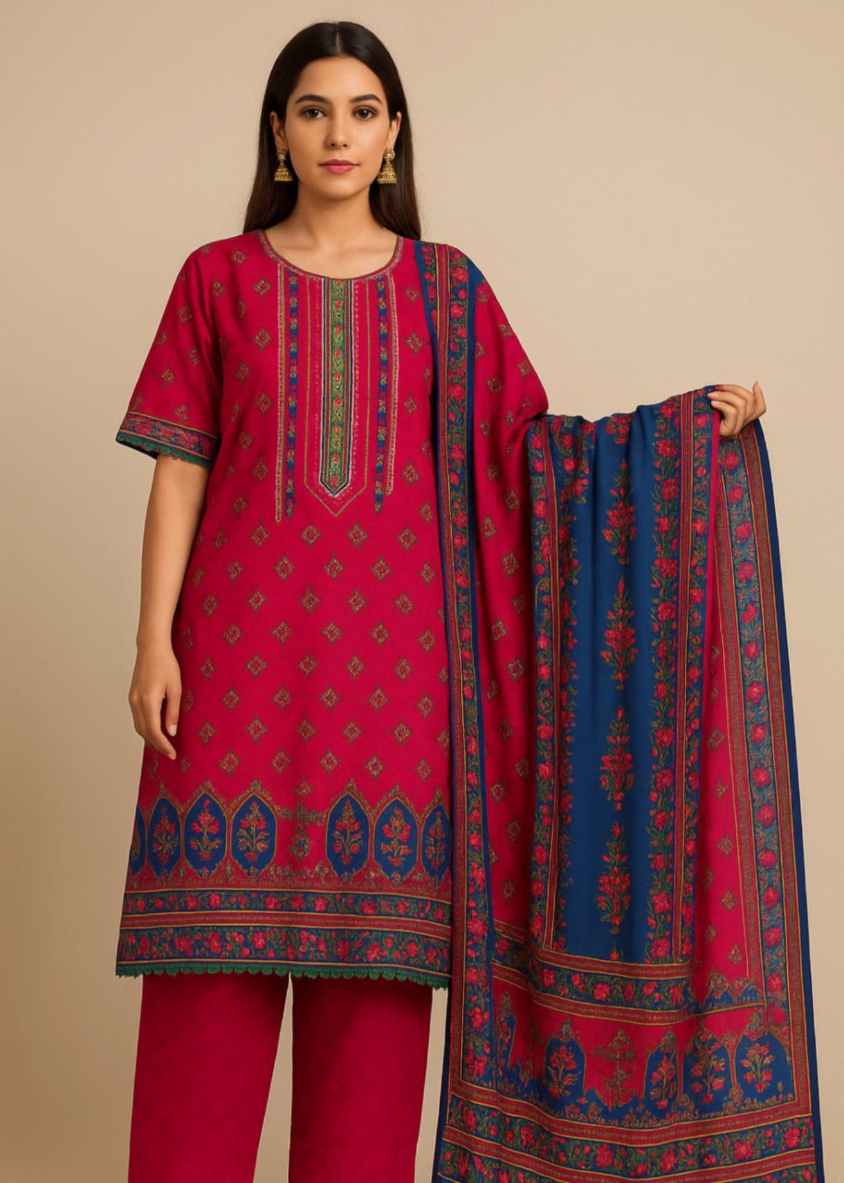 Sutar Premium Lawn Printed Dress Stitched| Hot Pink Women 3pcs