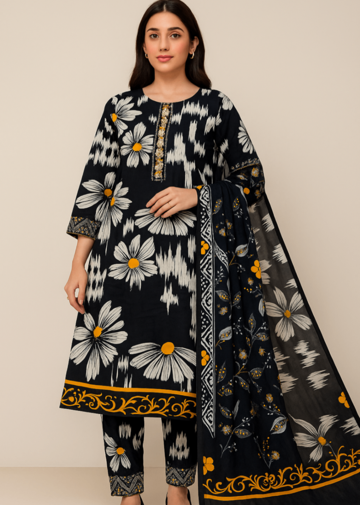 Sutar Premium Lawn Printed Stitched Dress | Black Women 3pcs