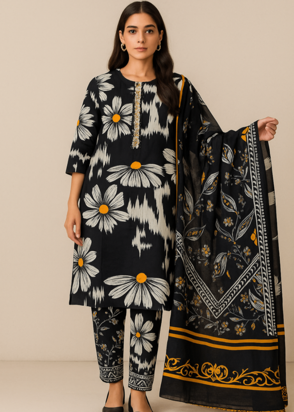 Sutar Premium Lawn Printed Stitched Dress | Black Women 3pcs