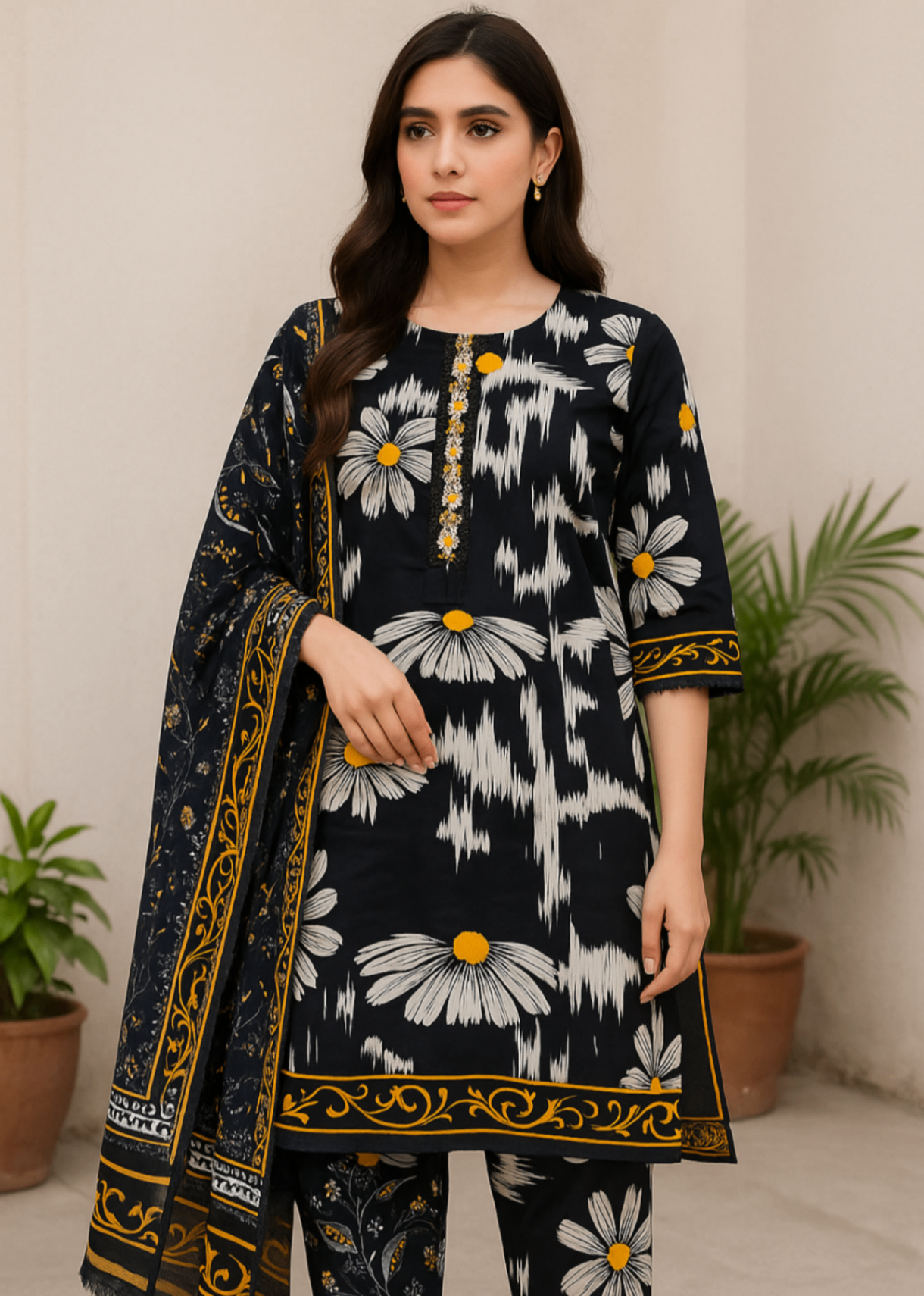 Sutar Premium Lawn Printed Stitched Dress | Black Women 3pcs