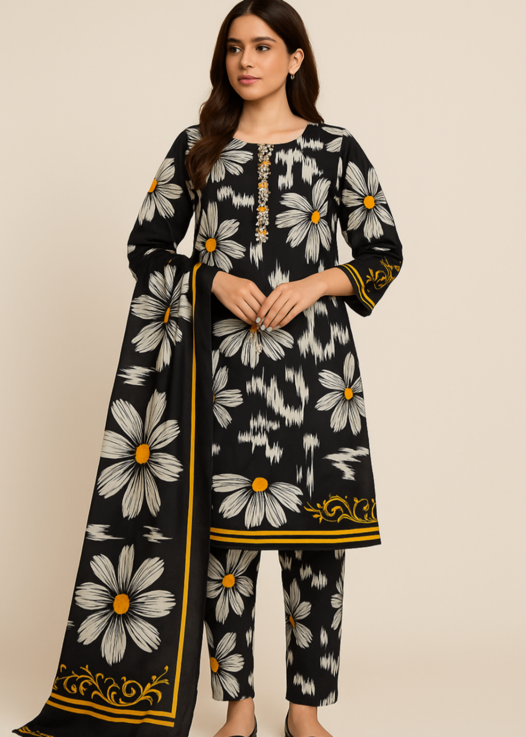 Sutar Premium Lawn Printed Stitched Dress | Black Women 3pcs