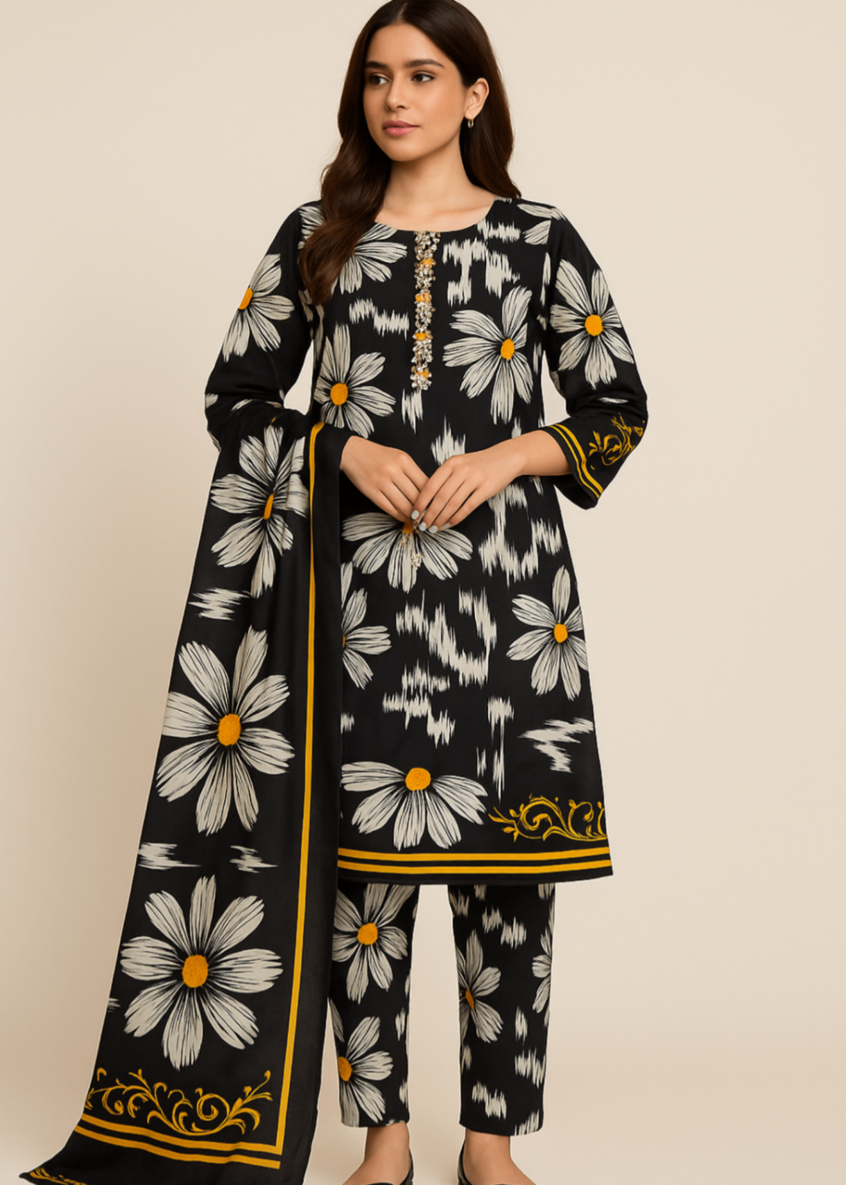 Sutar Premium Lawn Printed Stitched Dress | Black Women 3pcs