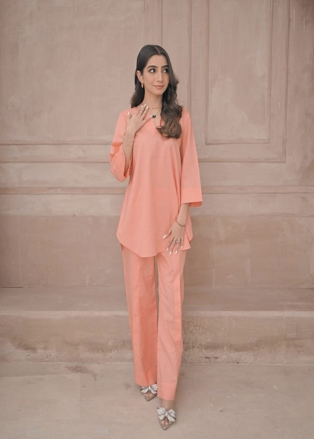 Zauk Peach Two Piece Dress Women 2pcs