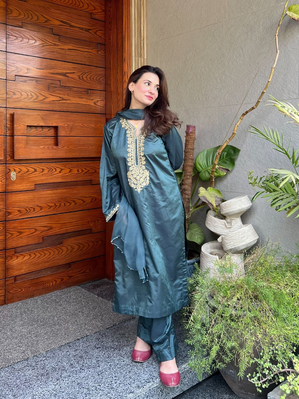 Ayesha B forest green handwork halah Women 3pcs