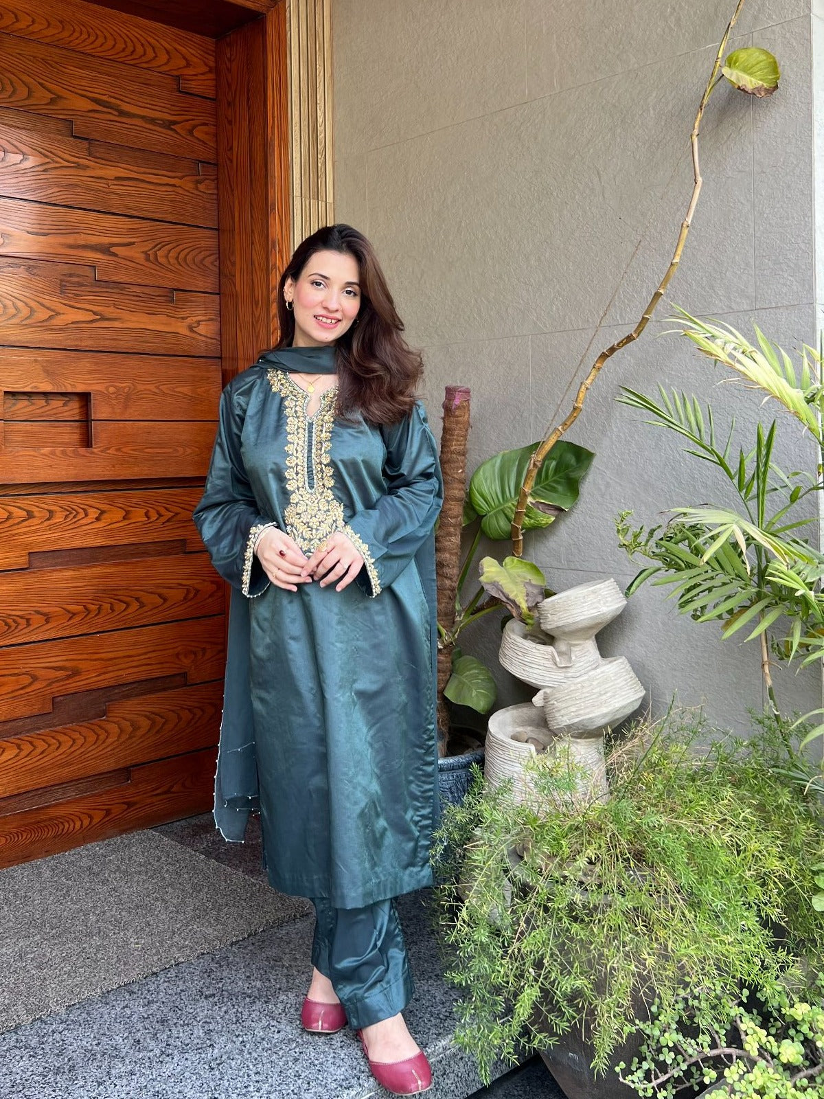 Ayesha B forest green handwork halah Women 3pcs