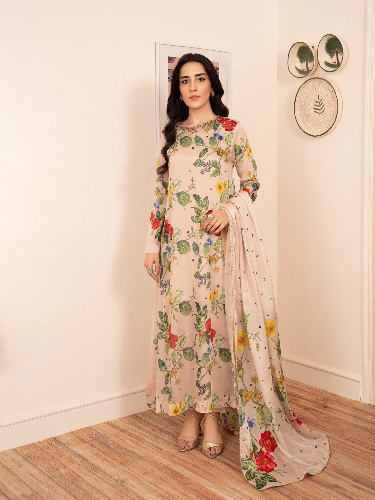 Stitch Vibes Beige Silk Dress Women 3pcs