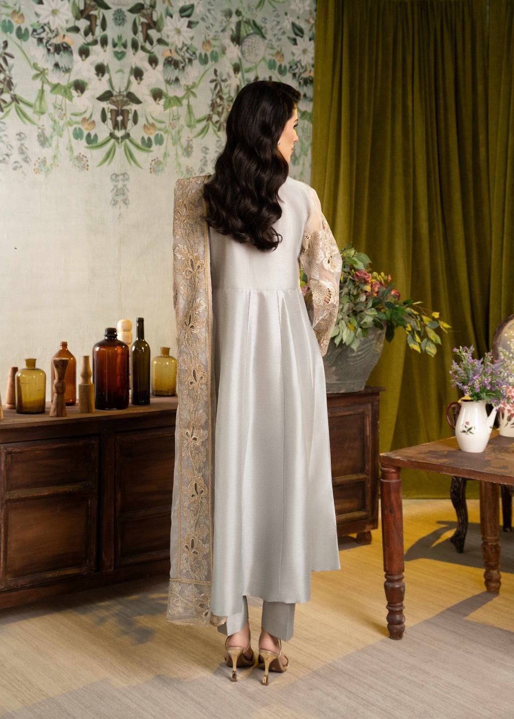 Alyssa ALL013 Grey Raw Silk Pishwas set Women 3pcs