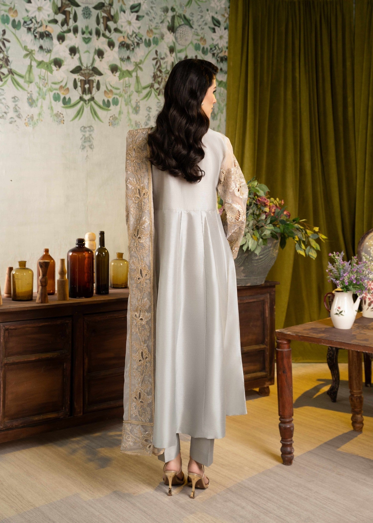 Alyssa ALL013 Grey Raw Silk Pishwas set Women 3pcs