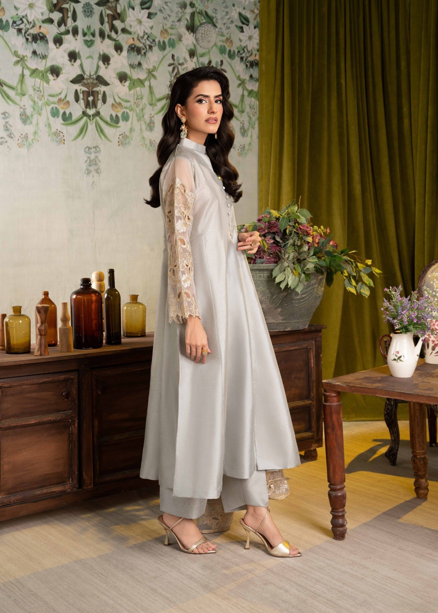 Alyssa ALL013 Grey Raw Silk Pishwas set Women 3pcs