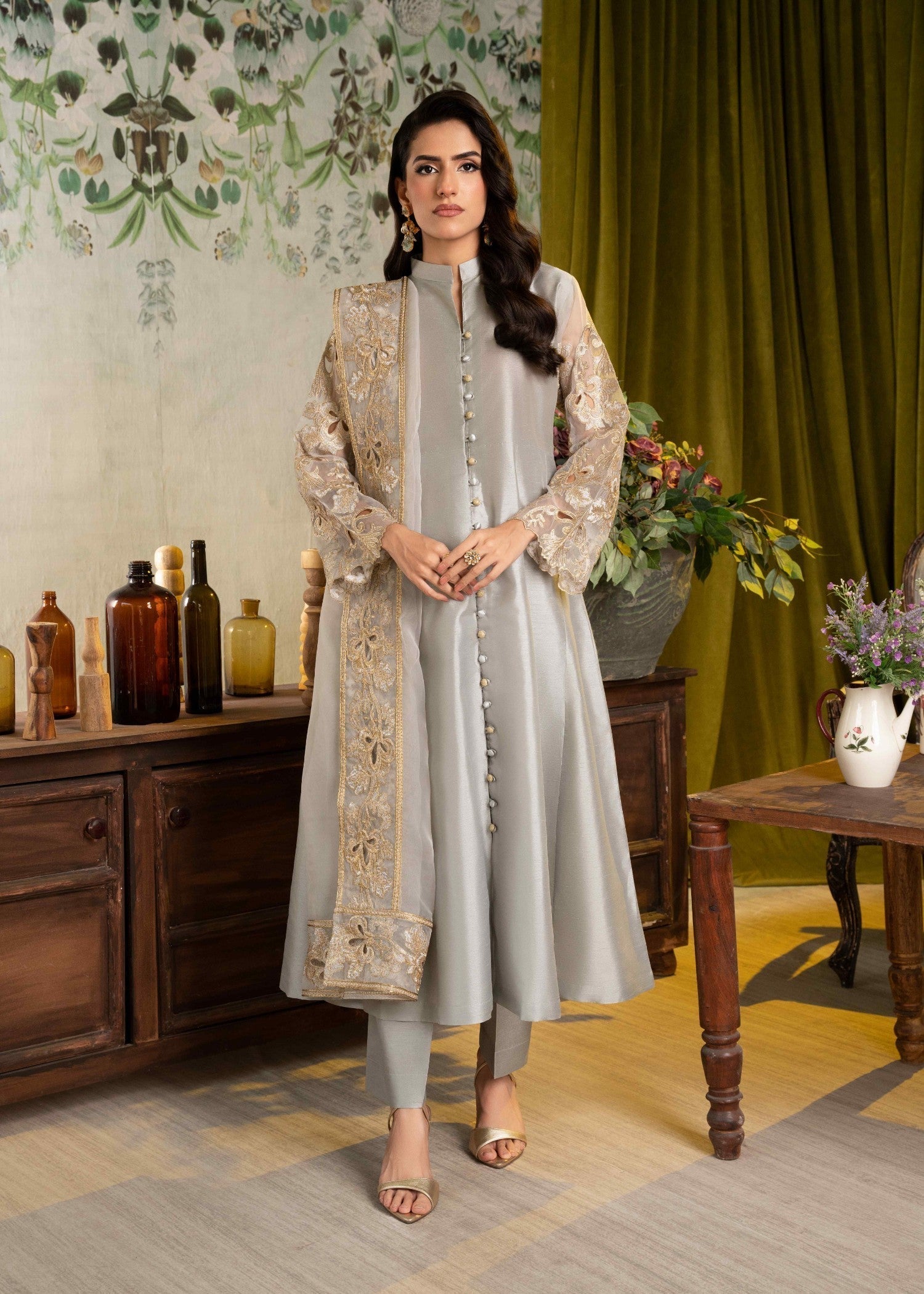 Alyssa ALL013 Grey Raw Silk Pishwas set Women 3pcs