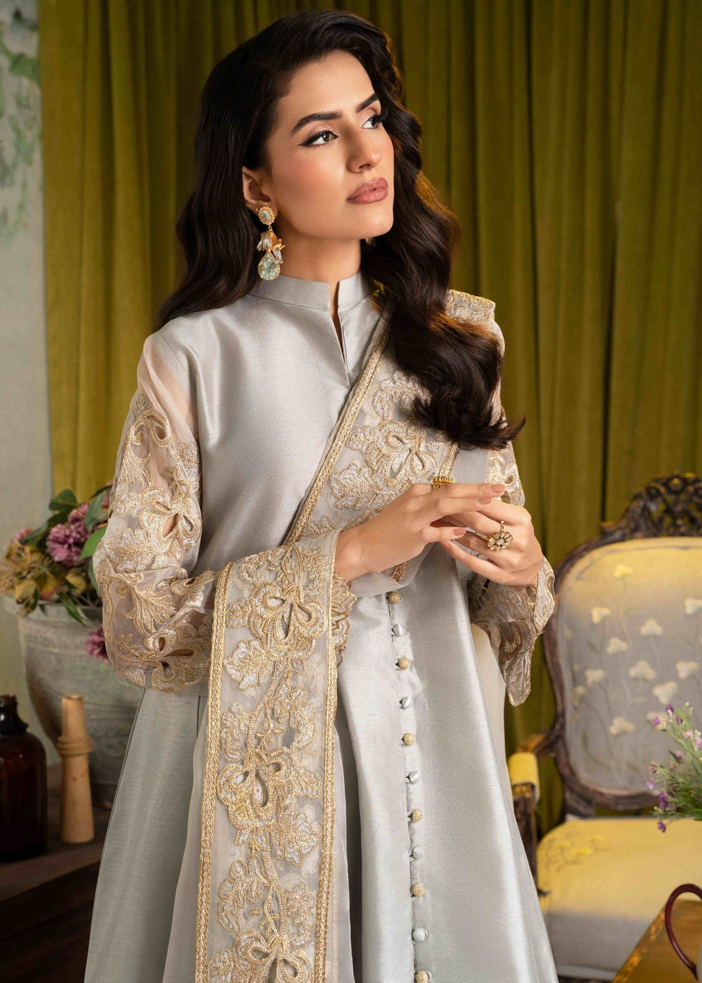 Alyssa ALL013 Grey Raw Silk Pishwas set Women 3pcs