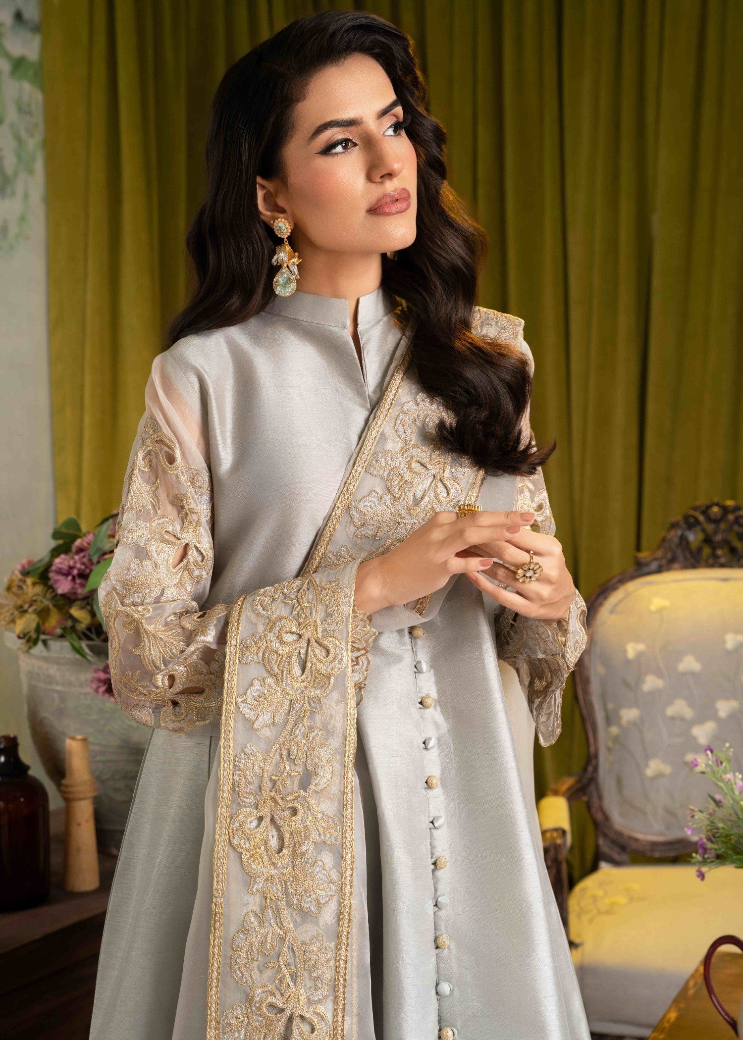 Alyssa ALL013 Grey Raw Silk Pishwas set Women 3pcs