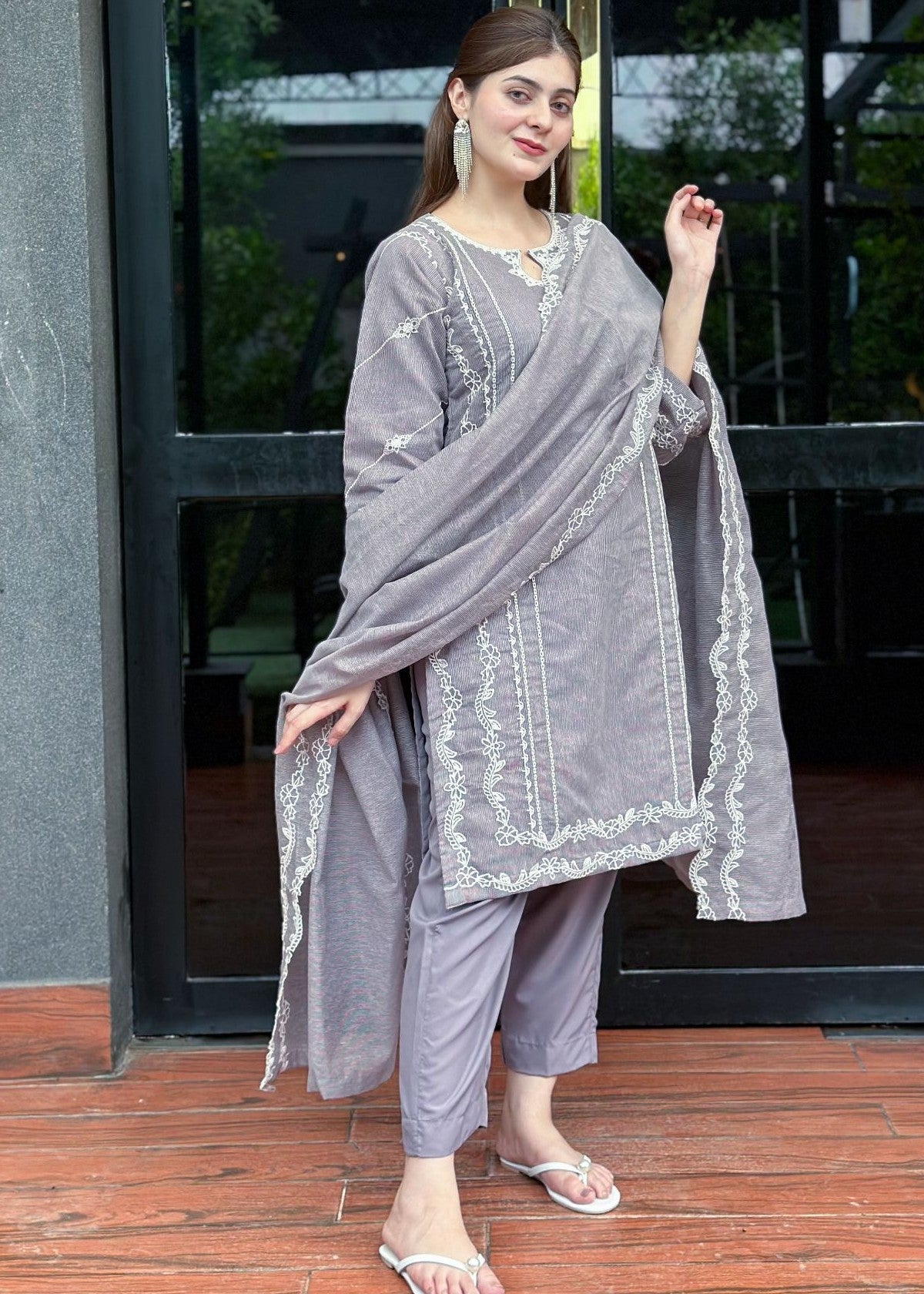Ayesha B grey cotton karandi cut work Women 3pcs