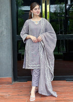 Ayesha B grey cotton karandi cut work Women 3pcs