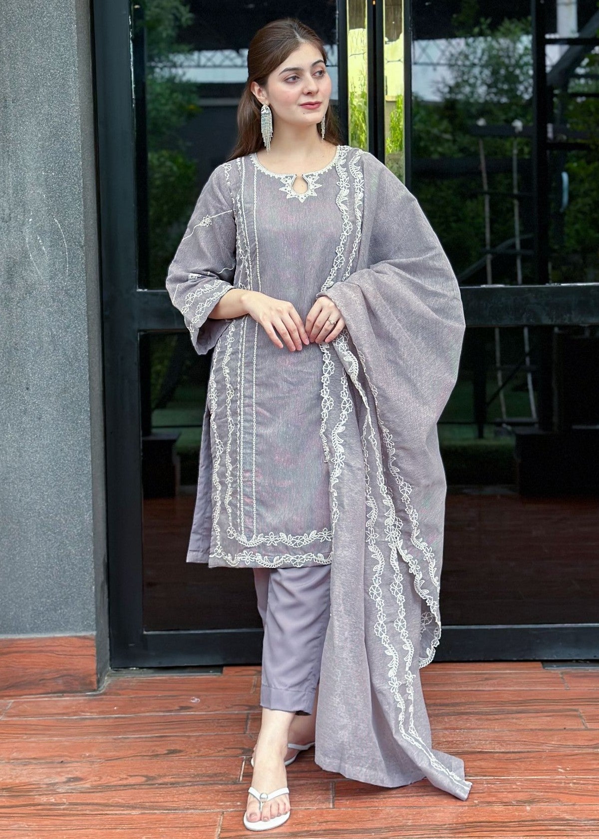 Ayesha B grey cotton karandi cut work Women 3pcs