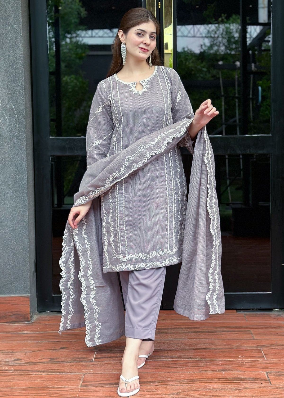 Ayesha B grey cotton karandi cut work Women 3pcs