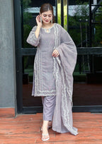 Ayesha B grey cotton karandi cut work Women 3pcs