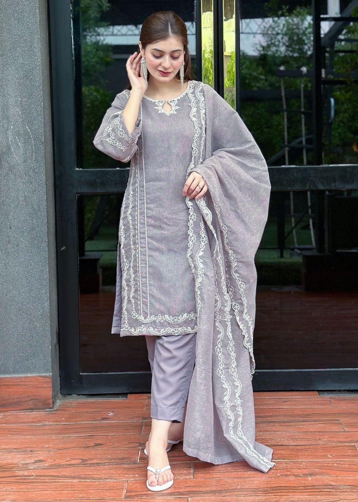Ayesha B grey cotton karandi cut work Women 3pcs