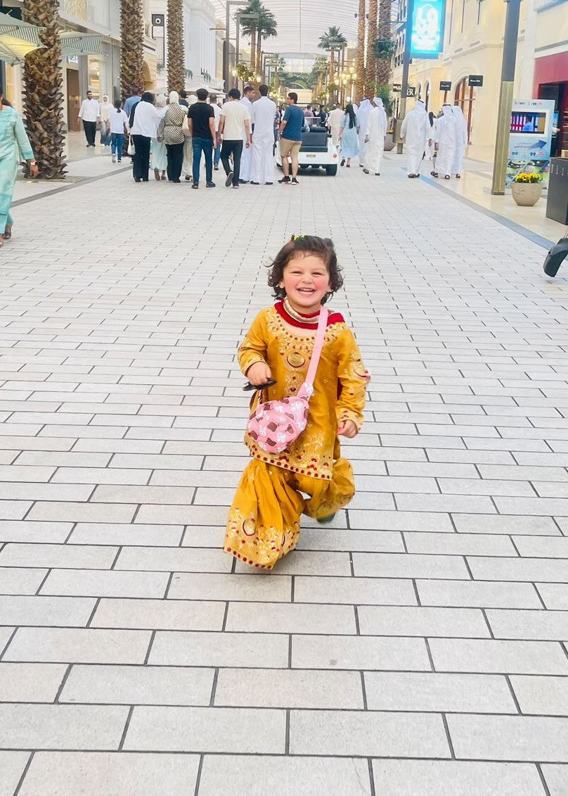 Akhrot Clothing Mustard Maroon Gharara Suit Kids Women 3pcs