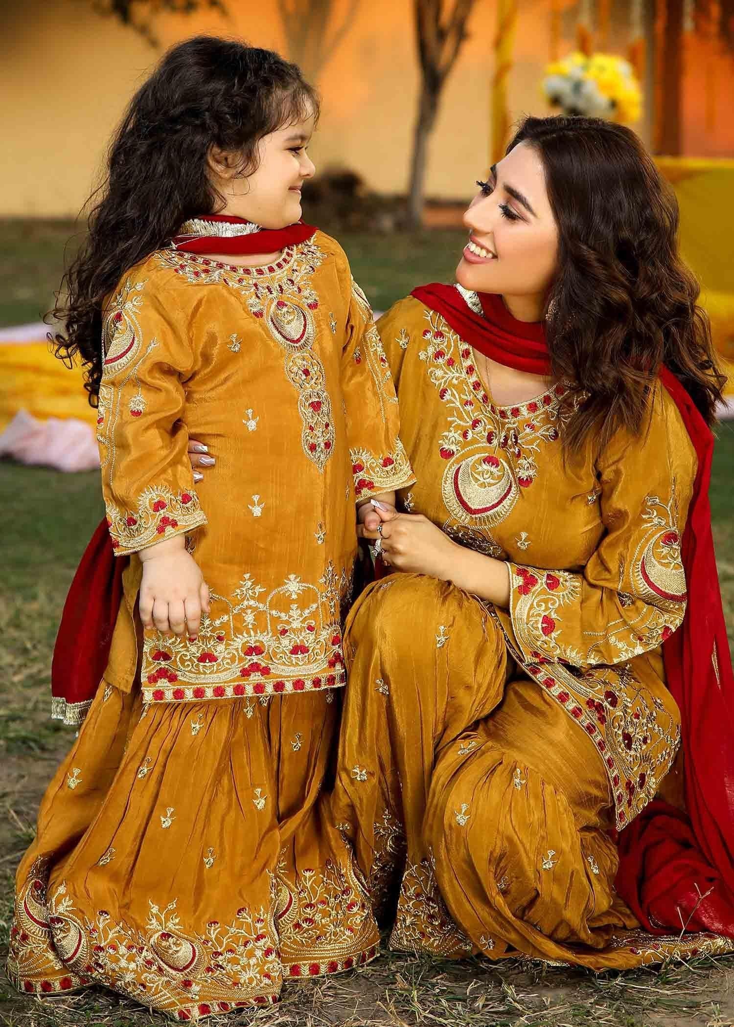 Akhrot Clothing Mustard Maroon Gharara Suit Kids Women 3pcs