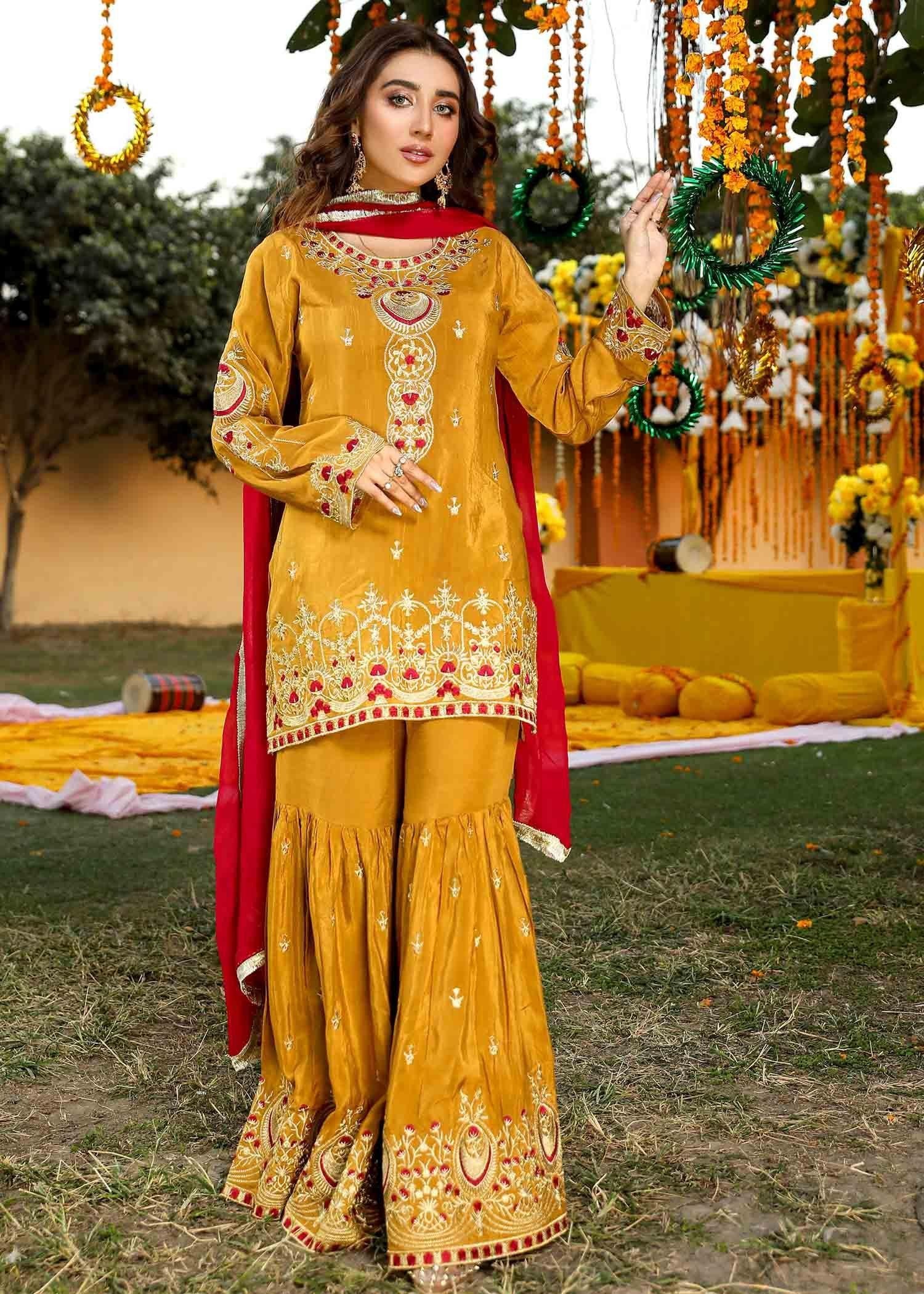 Akhrot Clothing Mustard Maroon Gharara Adult Women 3pcs