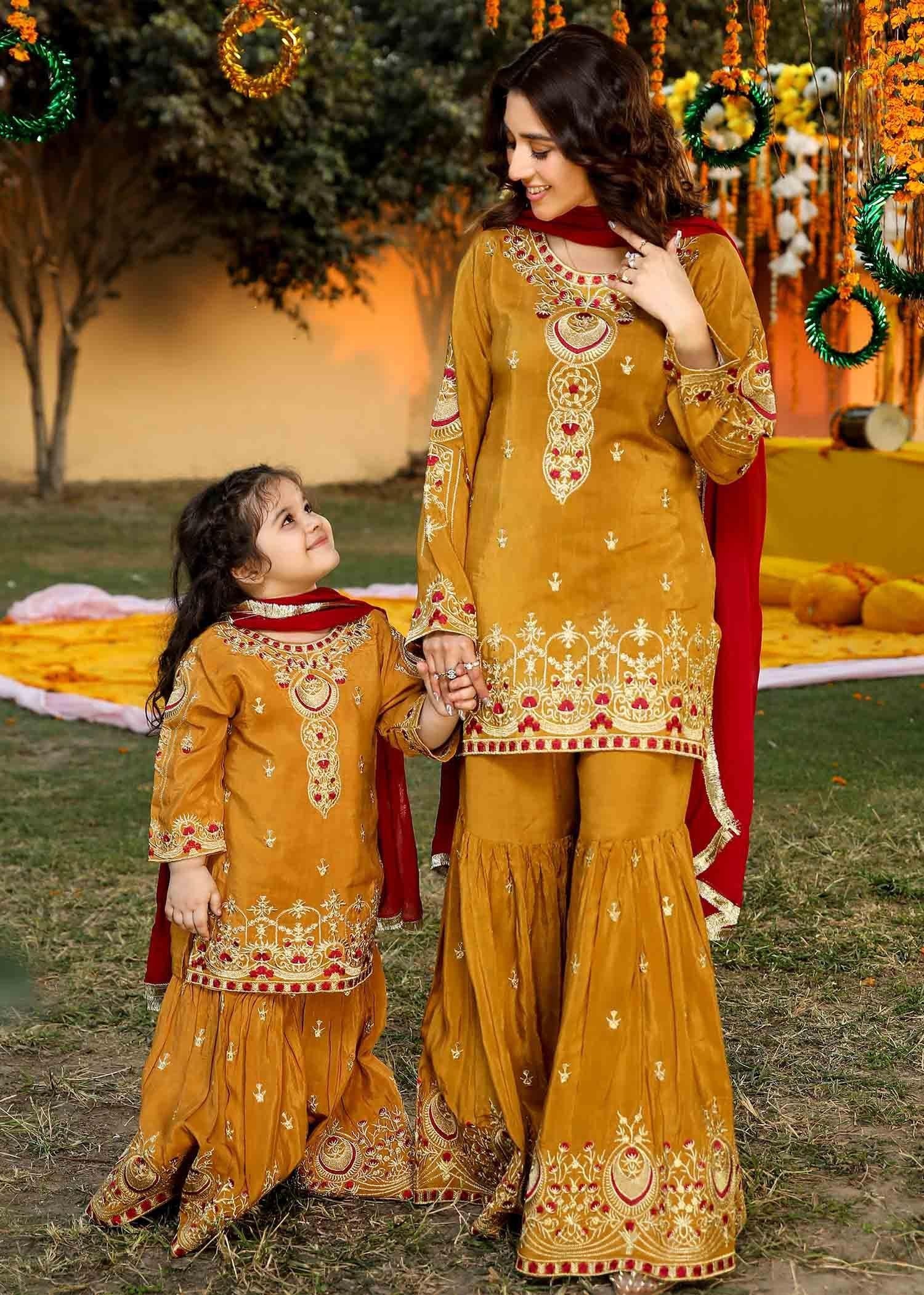 Akhrot Clothing Mustard Maroon Gharara Adult Women 3pcs