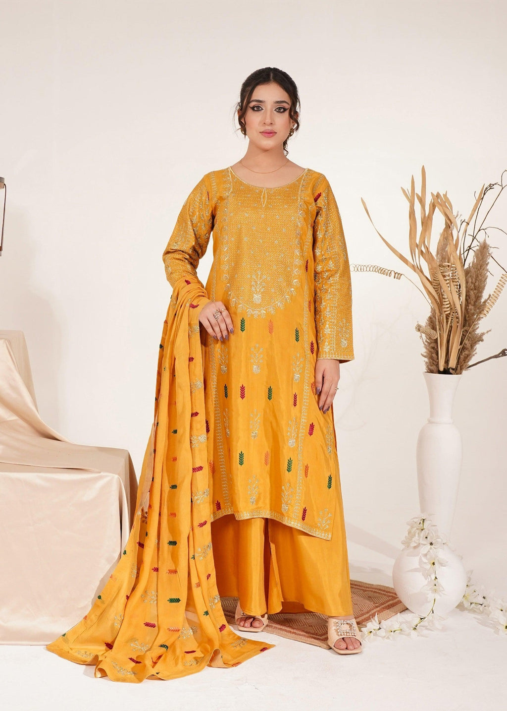 Akhrot Clothing Mustard Multi Silk Women 3pcs