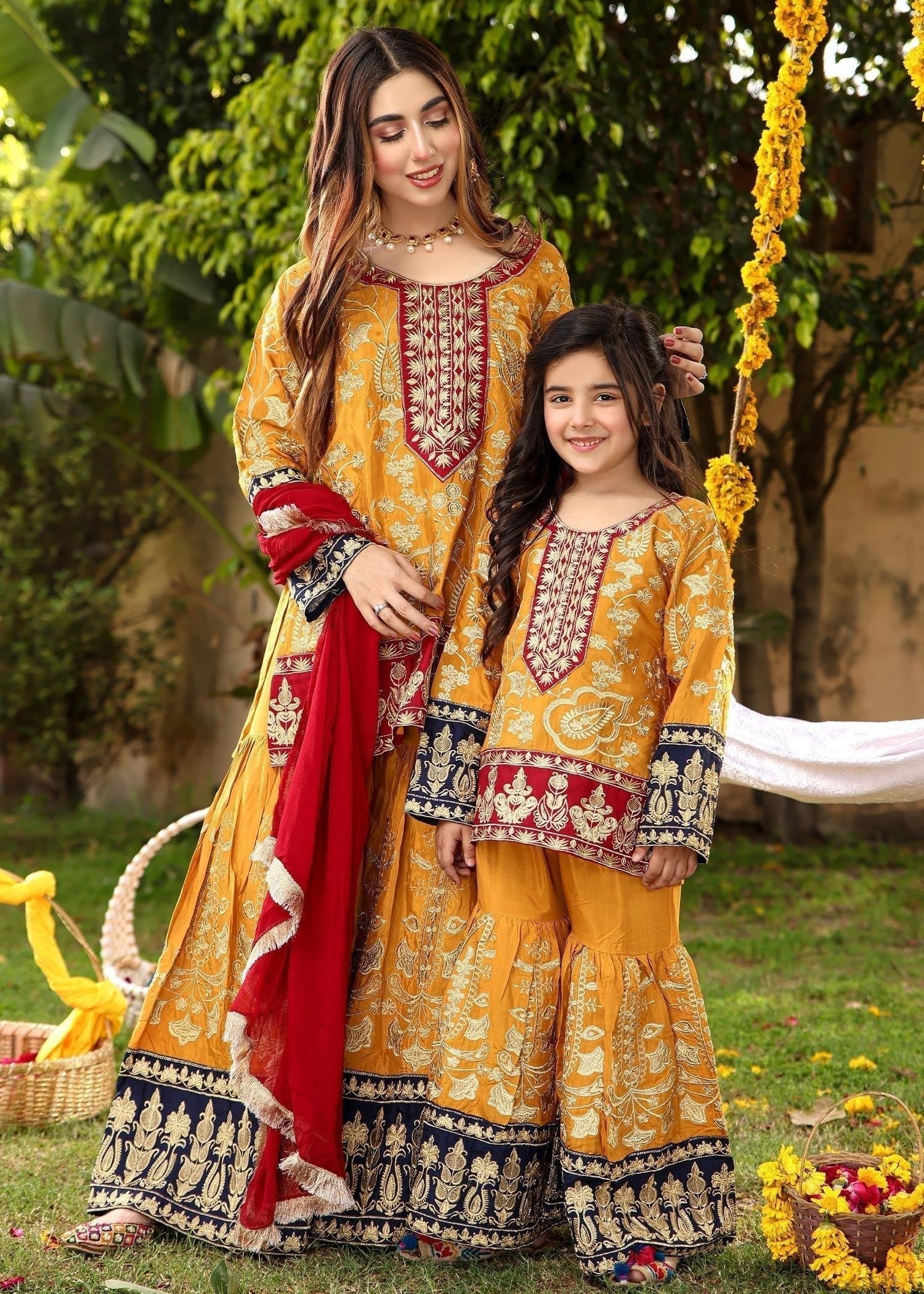 Akhrot Clothing Mustard Eid Gharara Suit Women 3pcs