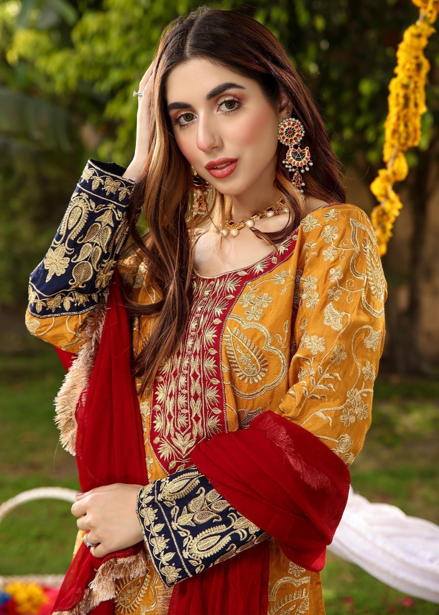 Akhrot Clothing Mustard Eid Gharara Suit Women 3pcs