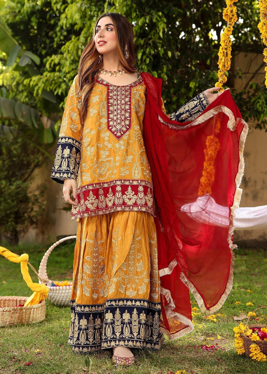 Akhrot Clothing Mustard Eid Gharara Suit Women 3pcs
